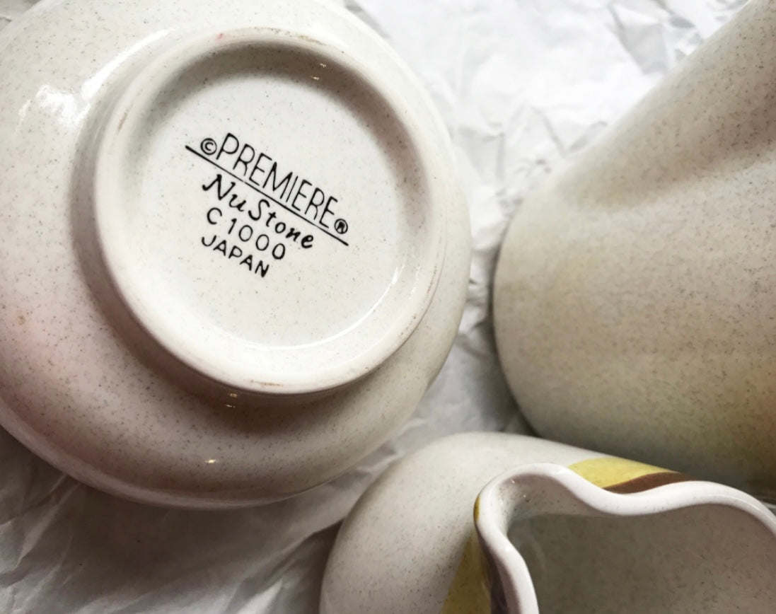 Vintage Mid Century Modern 3-piece ceramic Serving Set - Premiere NuStone c1000 - Japan, 1970 - HAPPIEST KID FINDS - Museum-quality antique and vintage posters, original art, preservation and restoration