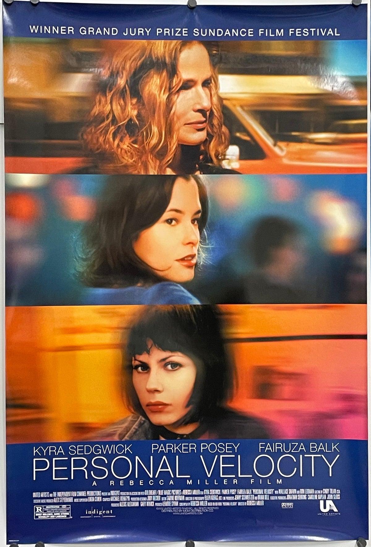 rolled, Personal Velocity, original double-sided one-sheet film poster, 2002, image of three women's faces with blurry street scenes and lights in the background.