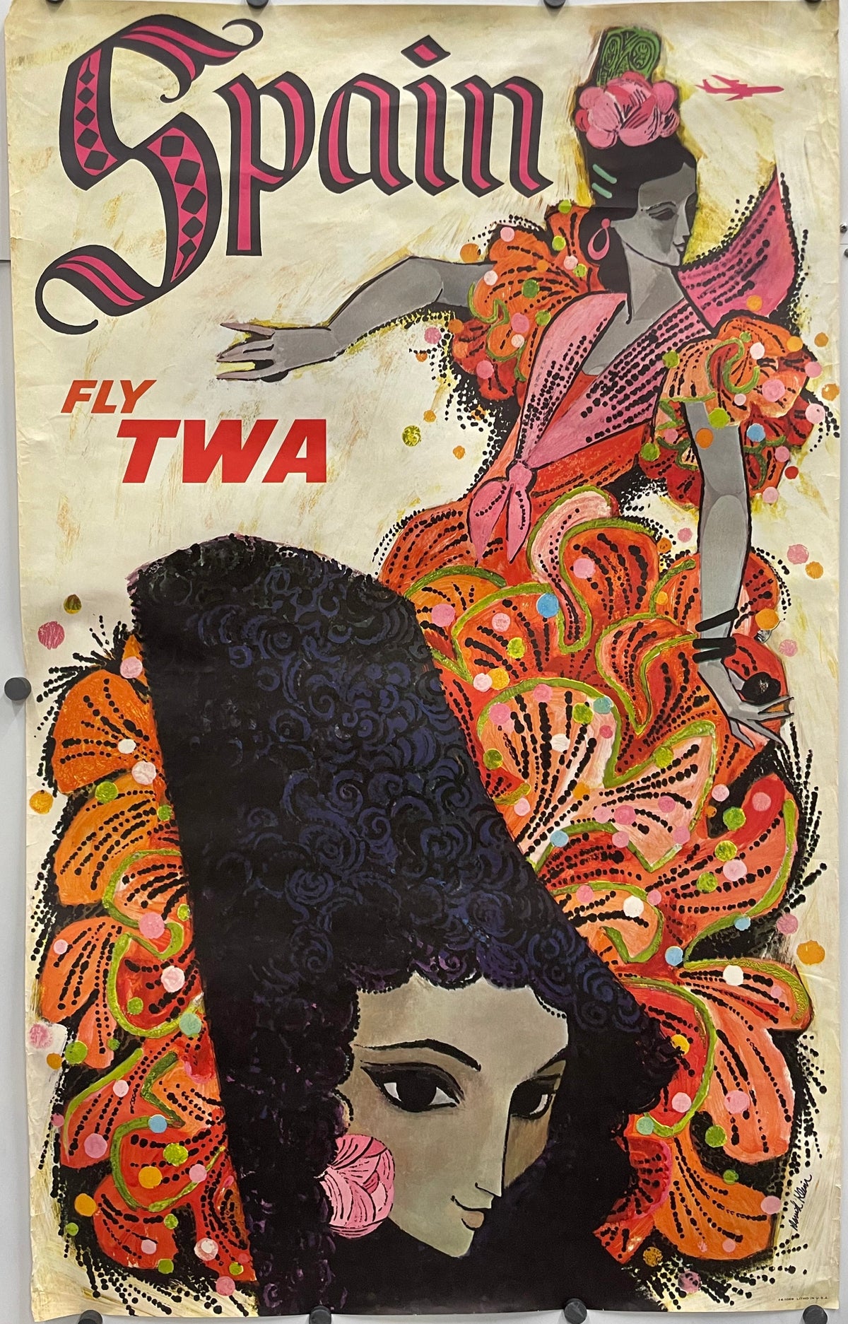 Vintage TWA poster for Spain by David Klein. Decorative poster with a stylized Spanish woman's face and Flamenco dancer.