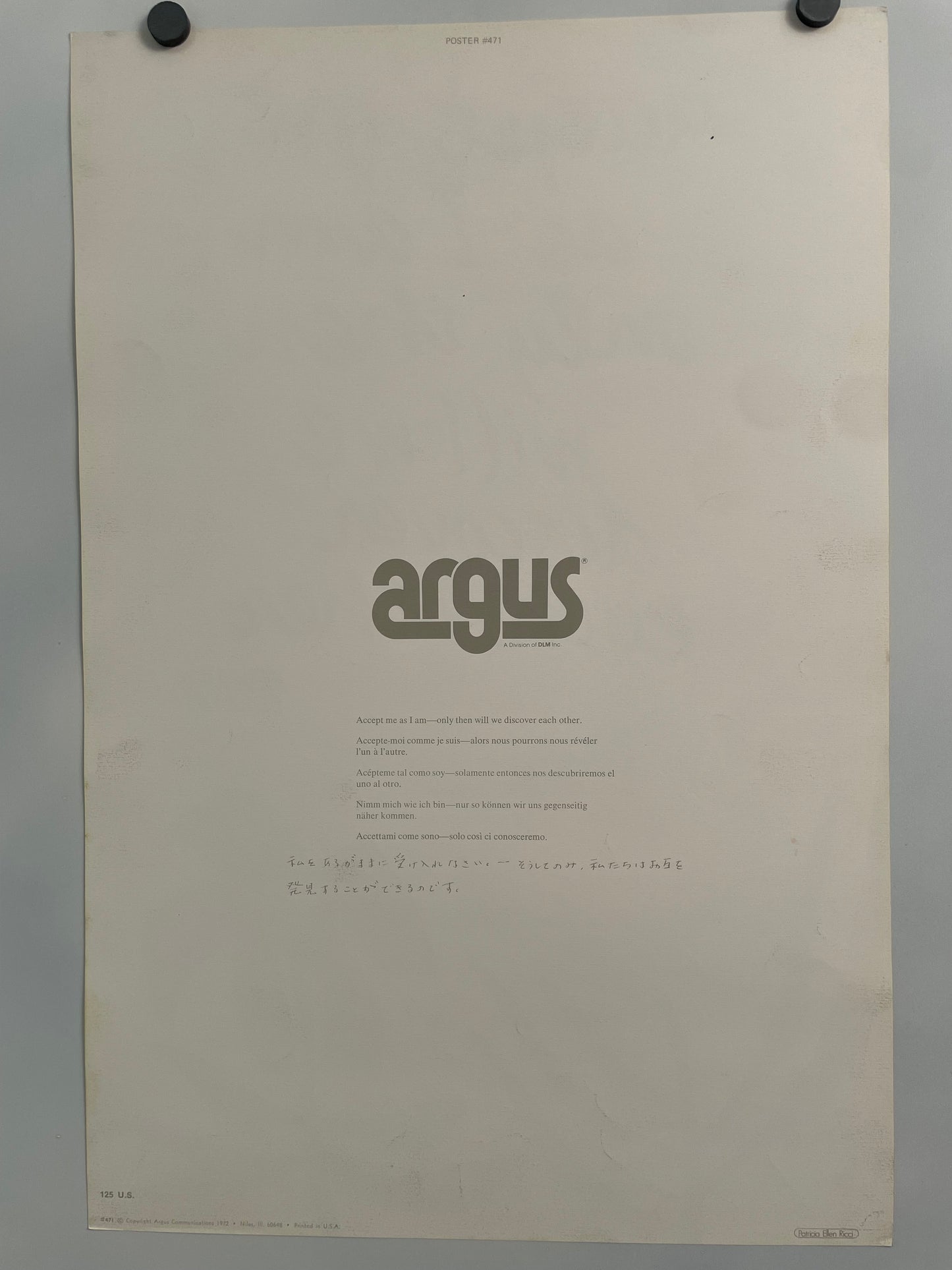 Acéptame como soy, solo así nos descubriremos el uno al otro - Federico Fellini, Cartel motivacional de Argus Communications, 1972, Patricia Ellen Ricci