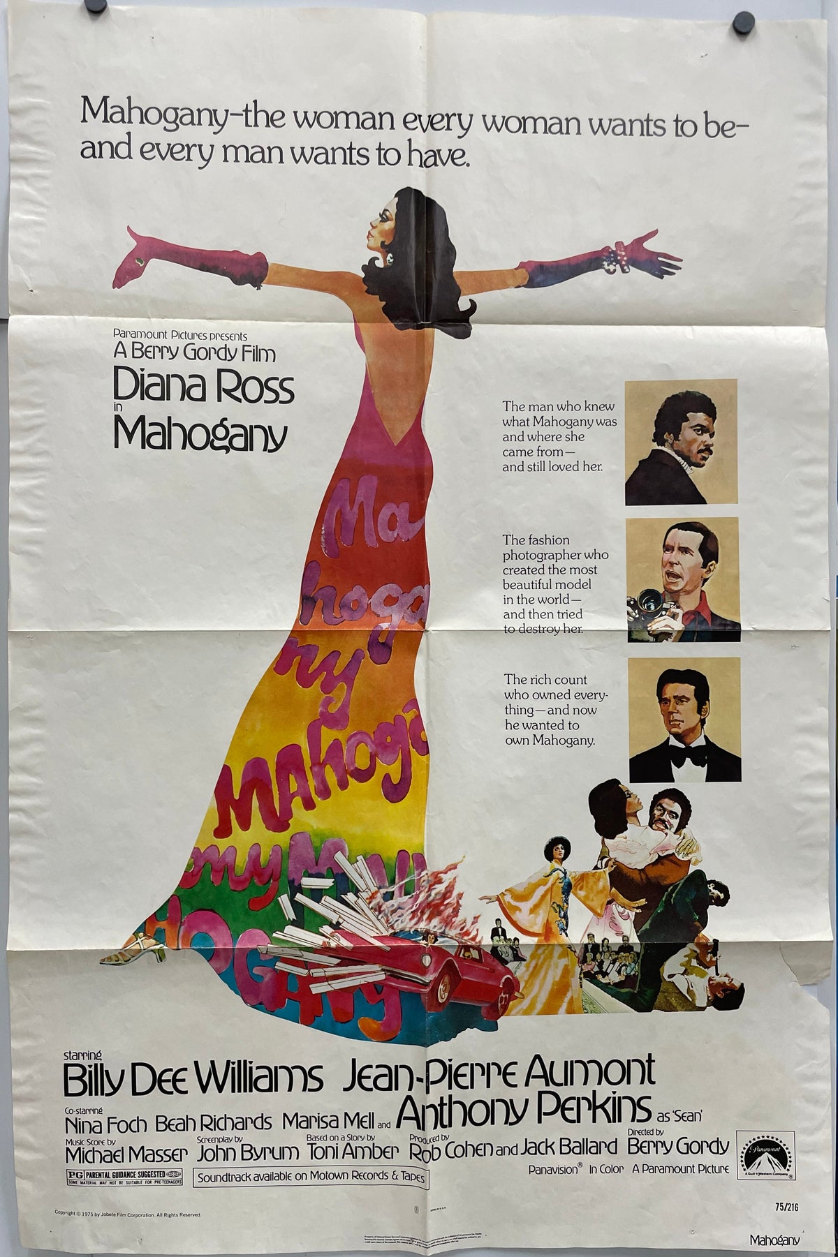 Vintage and dynamic, Mahogany, starring Diana Ross, US one-sheet film poster, 1975. Image of black, African American female entertainer wearing colorful gown.