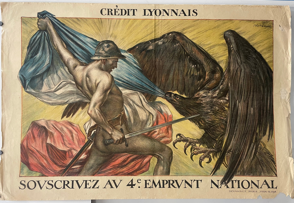 Credit Lyonnais
antique lithographic French WW1 poster of a man fighting an eagle.