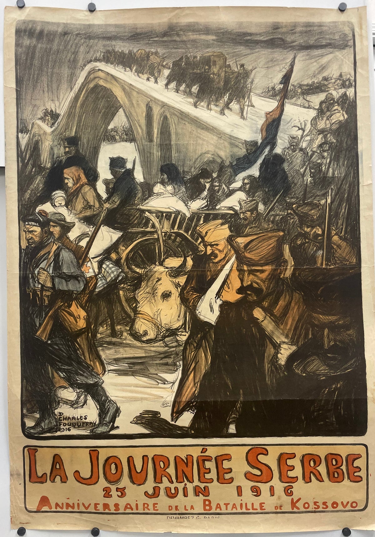 La Journee Serbe, antique lithographic French WW1 poster, an artistic depiction of a battle scene and text on an off-white background
