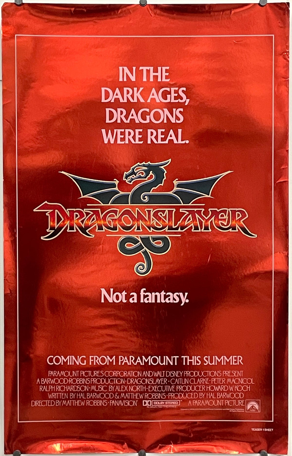 Dragonslayer Teaser 1-sheet (red foil)
In the Dark Ages, Dragons Were Real - Not a Fantasy
vintage and rare sci-fi adventure rolled Teaser 1-sheet film poster