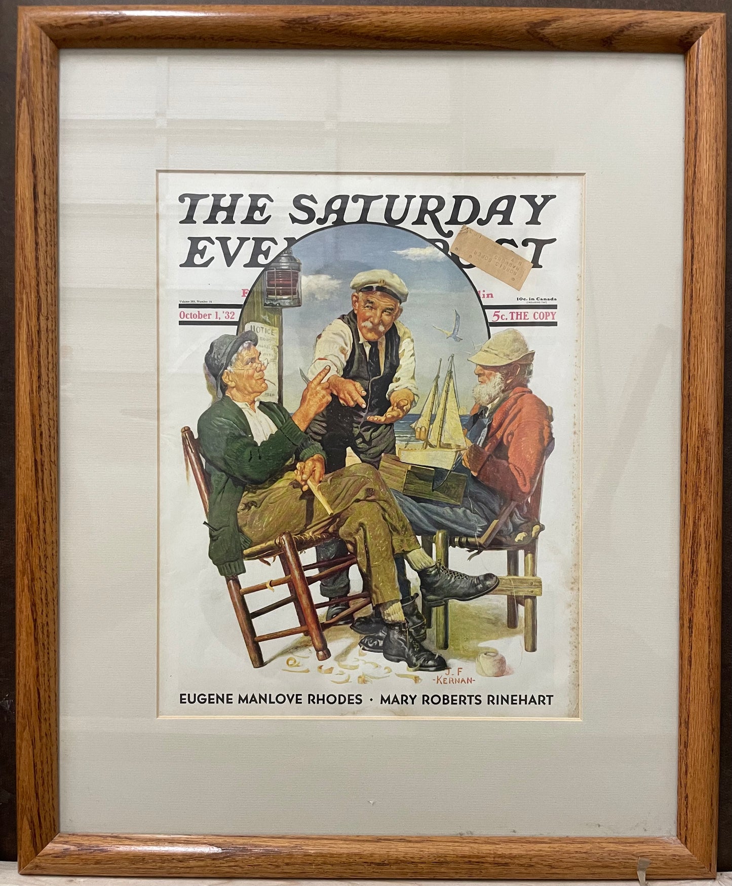 Trois vieux sels, couverture encadrée vintage du Saturday Evening Post, 1er octobre 1932
