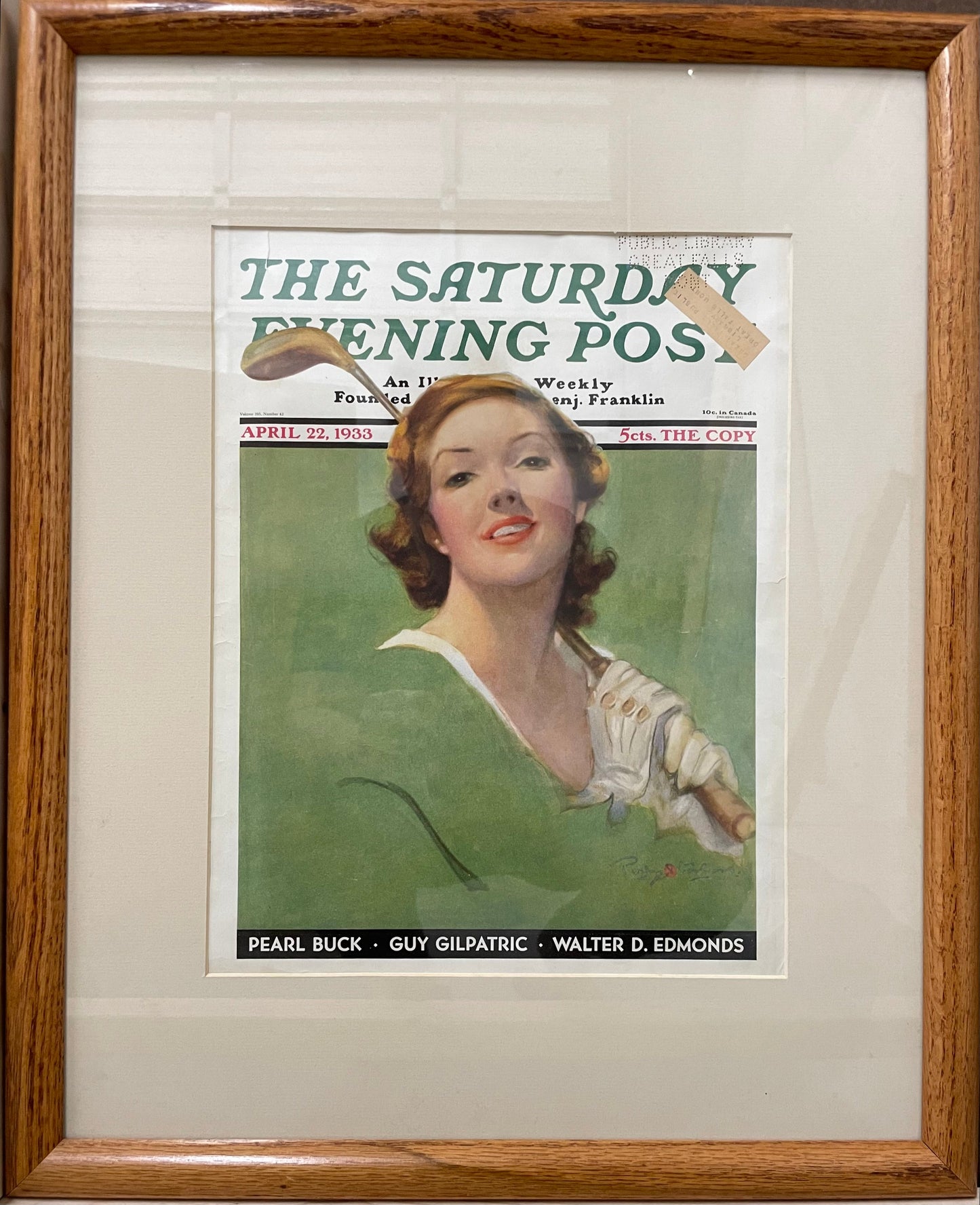 Portrait of Lady Golfer, framed vintage Saturday Evening Post cover, April 22, 1933 Happiest Kid Finds