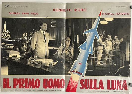 Vintage movie poster with black and white scene and rocket graphic, featuring actors' names and Italian text.