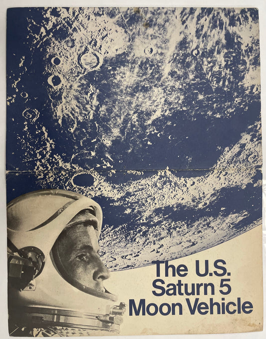 Promotional poster for U.S. Saturn 5 Moon Vehicle with astronaut helmet and lunar surface background