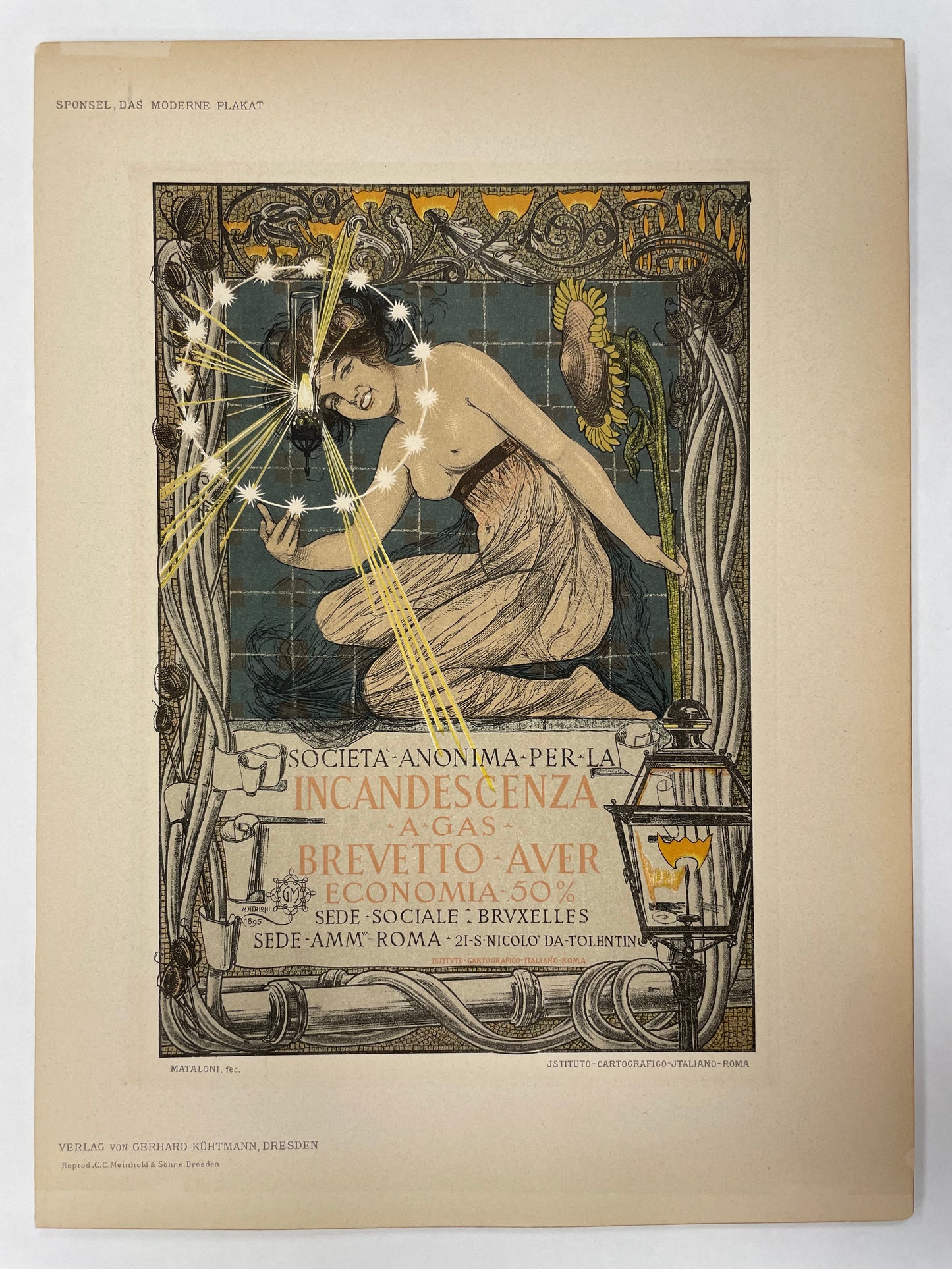 Incandescenza - a Gas - Brevetto - Aver, plaque lithographique antique de Sponsel Das Moderne Plakat, 1897