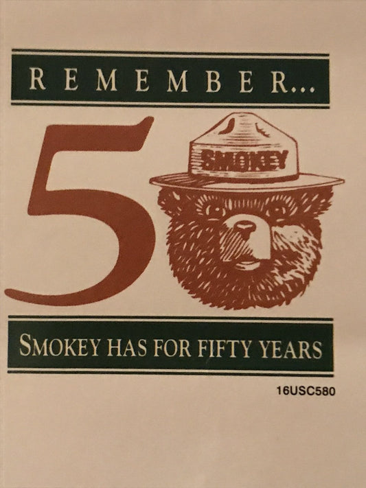 Smokey the Bear Park Fire Forest Service Announcement, Remember ... Smokey Has for 50 Years, Vintage Environmental Awareness poster, d.1994 - HAPPIEST KID FINDS - Museum-quality antique and vintage posters, original art, preservation and restoration