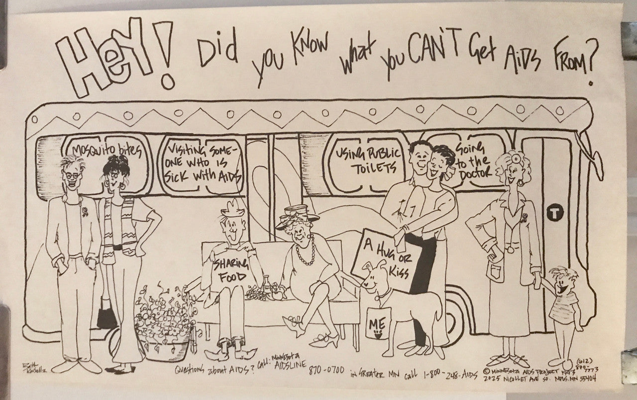 ¡Oye! ¿Sabes qué no te puede dar el SIDA? Anuncio de salud vintage del Proyecto SIDA de Minnesota, póster de Beth Kinsellz, 1993