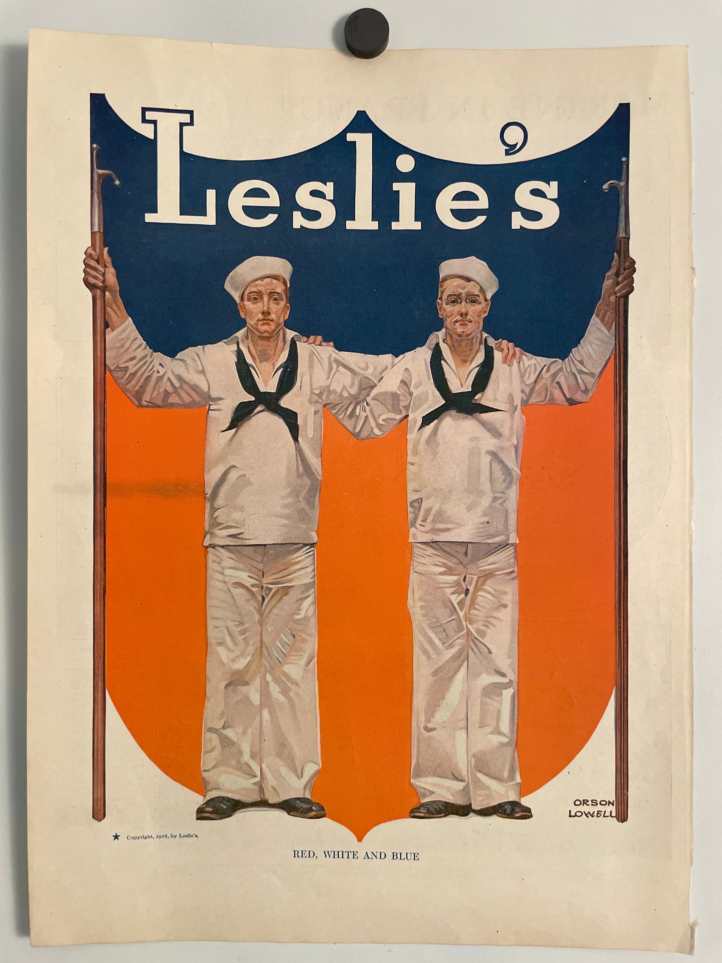 Leslie's - Rojo, blanco y azul, portada de revista litográfica antigua de Orson Lowell, 1918