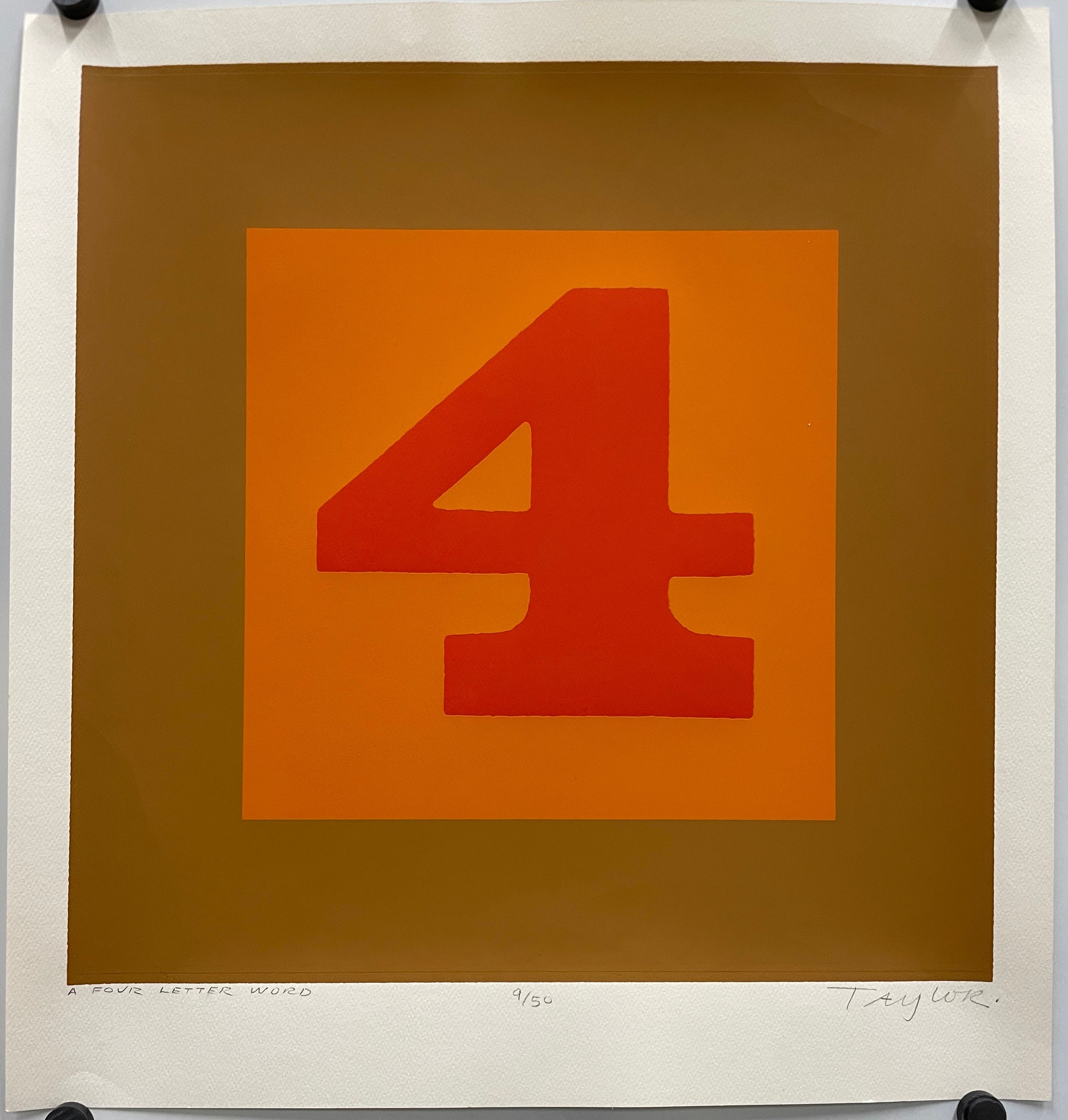 Silk screened image in a square format of a red number 4 against an orange background and ochre border.