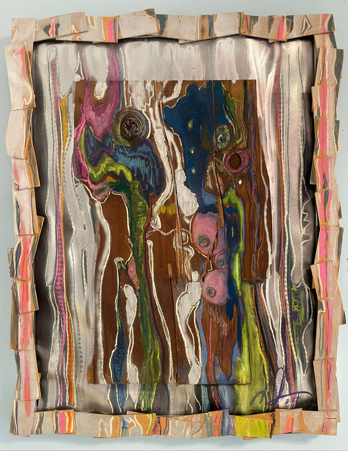 Collage art with layered paper textures and colors on a light gray background