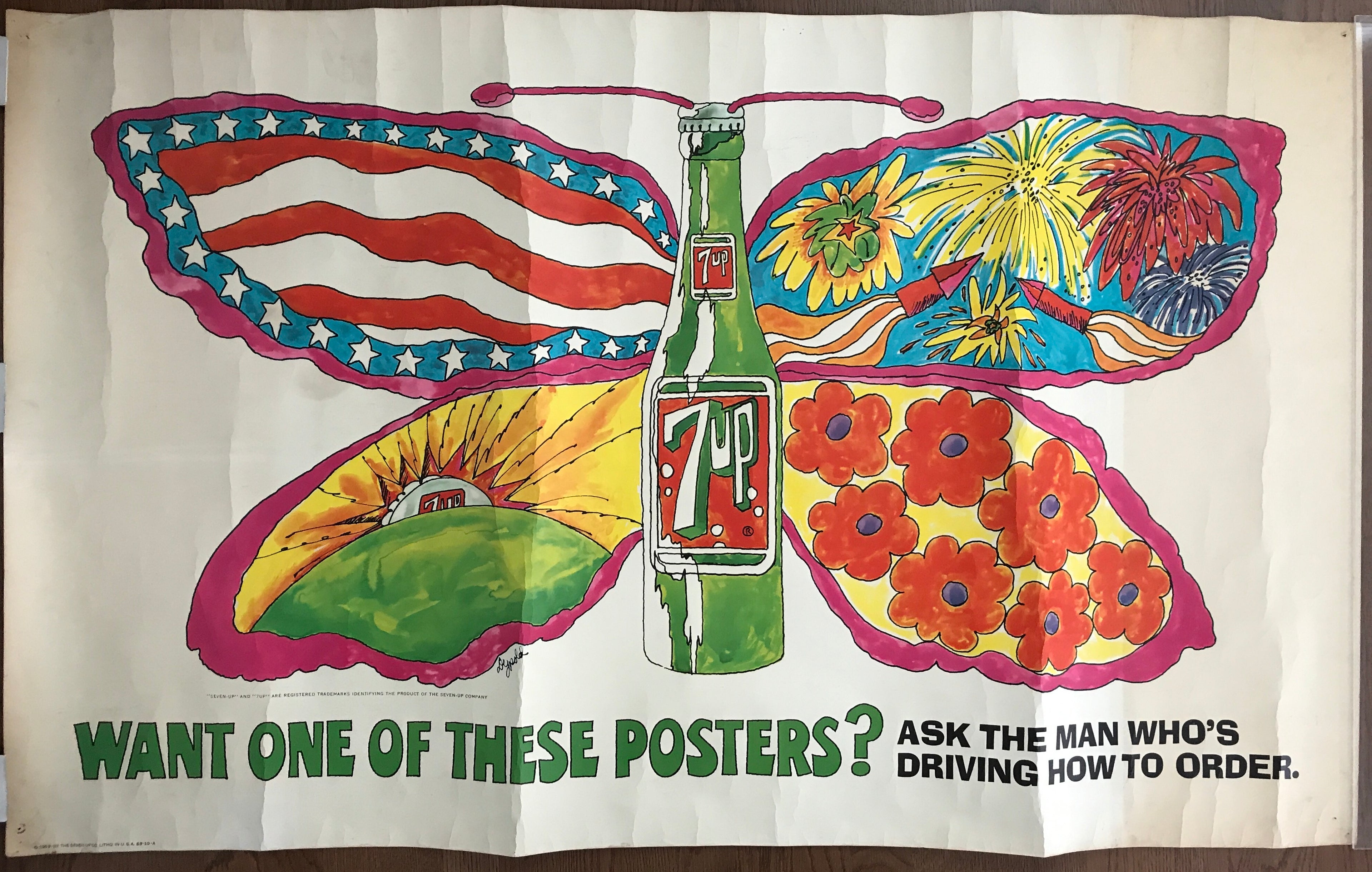 7up (giant butterfly) Want One of These Posters?, vintage advertisement by Pat Dypold, 1969 - HAPPIEST KID FINDS - Museum-quality antique and vintage posters, original art, preservation and restoration