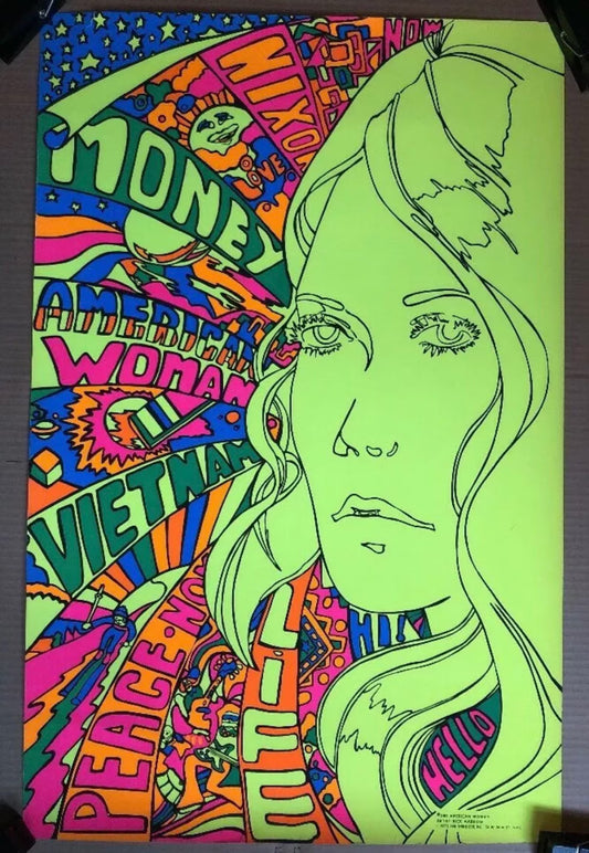 vintage, American Woman,  psychedelic commercial black light poster, 1970 - HAPPIEST KID FINDS - Museum-quality antique and vintage posters, original art, preservation and restoration