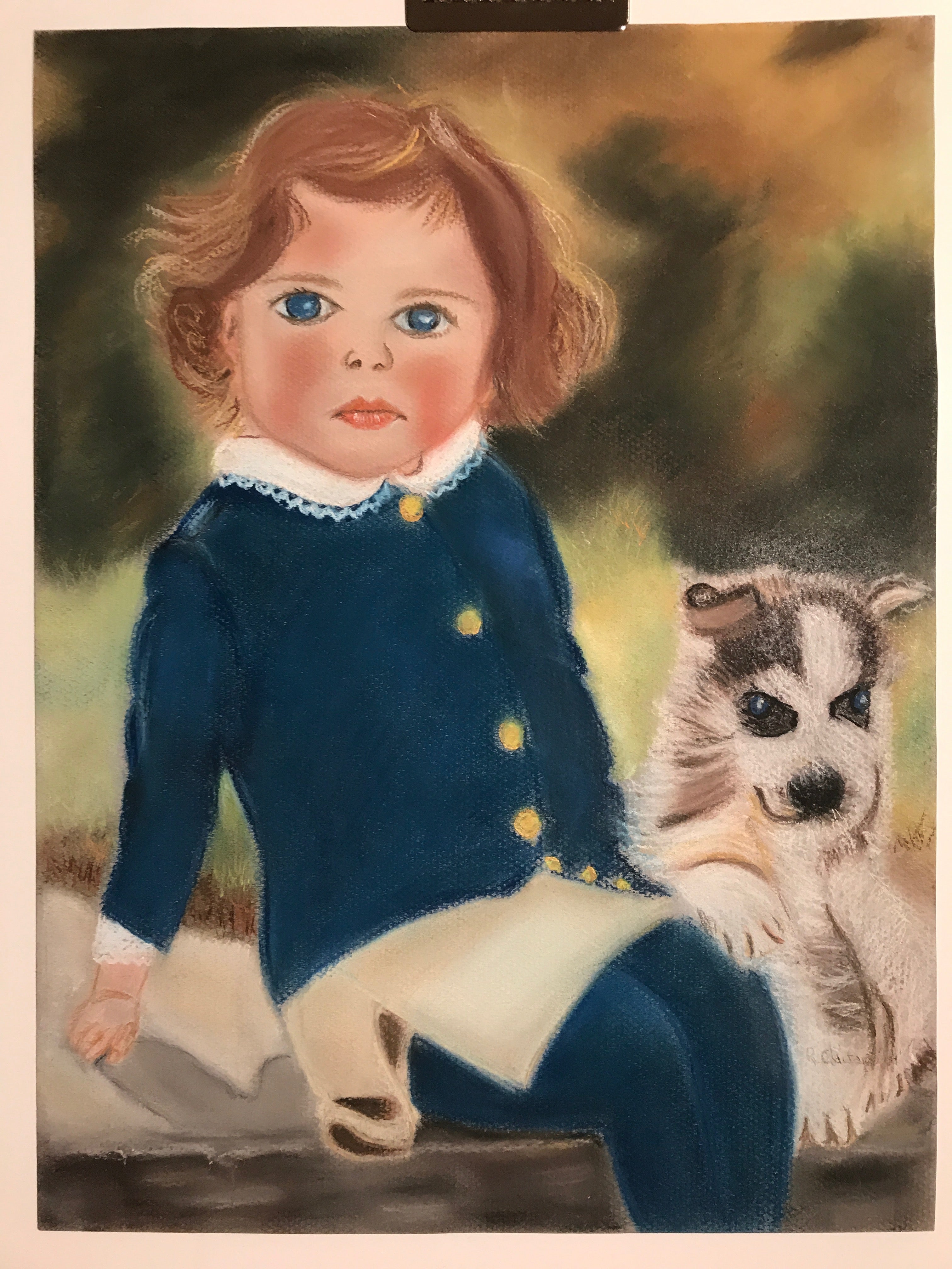 Original Folk Art-style Pastel Drawing - Boy in Blue with Dog - HAPPIEST KID FINDS - Museum-quality antique and vintage posters, original art, preservation and restoration