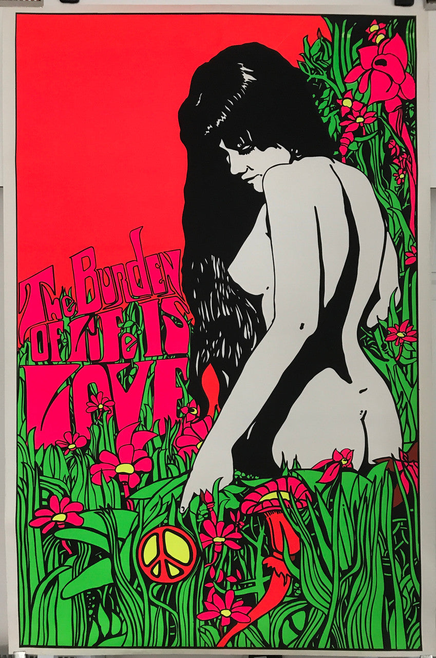 The Burden of Life is Love, Vintage Silk Screen Psychedelic Head Shop Poster with beautiful nude woman in an electric field, c.1969 - HAPPIEST KID FINDS - Museum-quality antique and vintage posters, original art, preservation and restoration