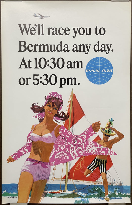 We'll Race You to Bermuda Any Day. At 10:30 am or 5:30 pm. vintage Pan Am airline travel poster, c.1960 at Happiest Kid Finds
