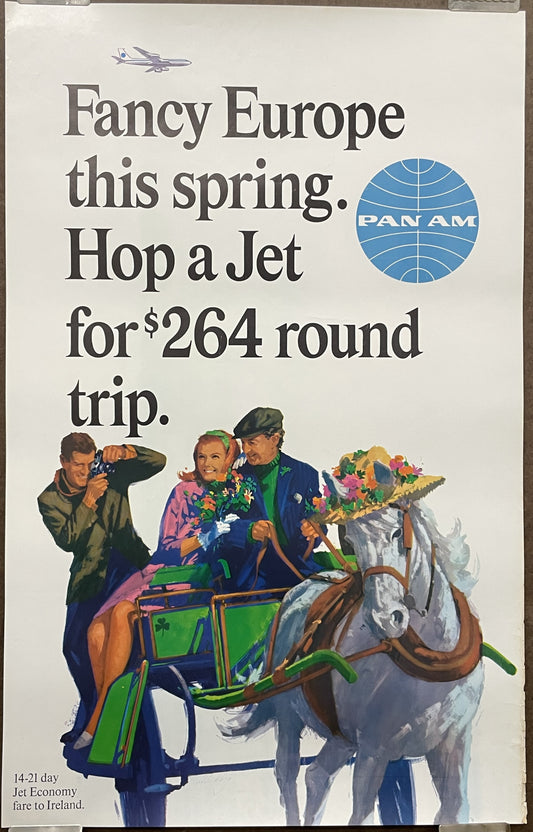 Fancy Europe This Spring - 14-21 day Jet Economy Fare to Ireland, vintage Pan Am airlines travel poster, c.1960 at Happiest Kid Finds