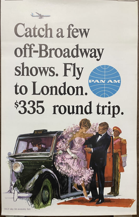 Catch a Few Off-Broadway Shows. Fly to London. $335 round trip. vintage Pan Am airline travel poster, c.1960 at Happiest Kid Finds