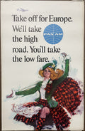 Take Off for Europe. We'll Take the High Road. You'll Take the Low Fare. vintage Pan Am airline travel poster, c.1960 at Happiest Kid Finds