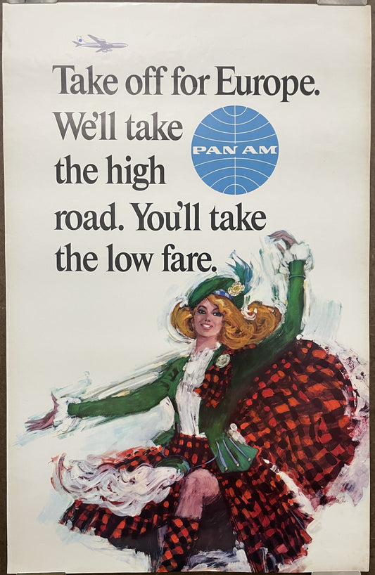Take Off for Europe. We'll Take the High Road. You'll Take the Low Fare. vintage Pan Am airline travel poster, c.1960 at Happiest Kid Finds