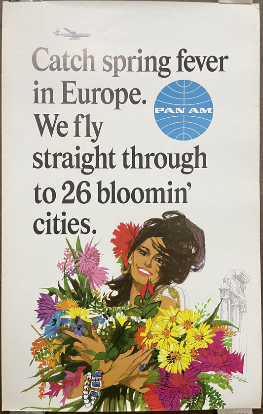 Catch Spring Fever in Europe. We Fly Straight Through to 26 Bloomin' Cities. vintage Pan Am airline travel poster, c.1960 at Happiest Kid Finds