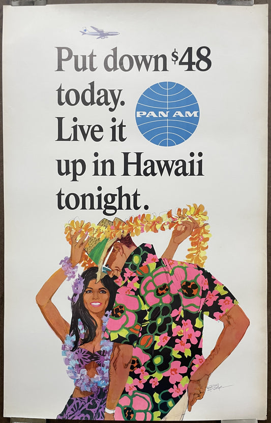 Put Down $48 Today. Live it up in Hawaii Tonight. vintage Pan Am airline travel poster, c.1960 at Happiest Kid Finds