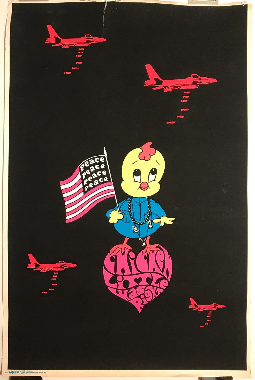 Chicken Little Was Right, Vintage Silk Screen Anti-War Blacklight Poster, 1968 - HAPPIEST KID FINDS - Museum-quality antique and vintage posters, original art, preservation and restoration