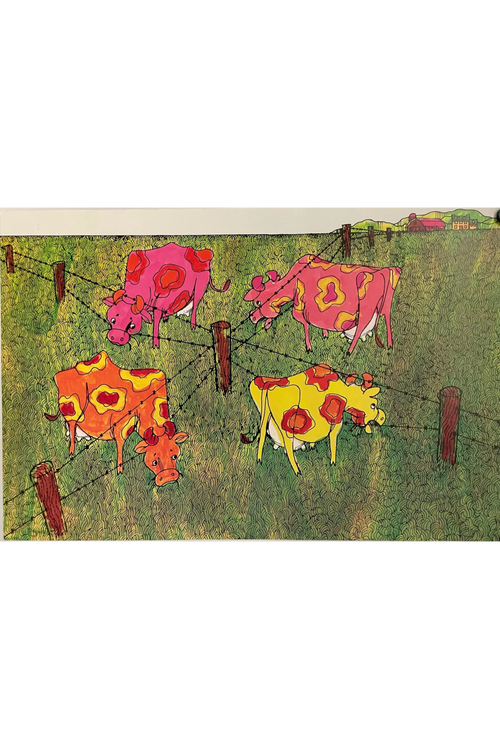 Vintage Argus Communications poster featuring abstract cow illustrations in red and yellow on a green background, resting on a barbed wire fence.