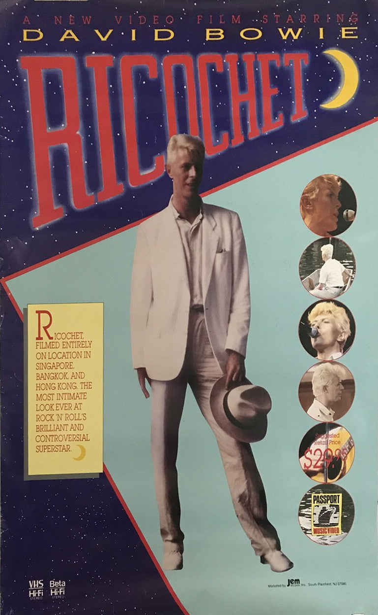 David Bowie, Ricochet, vintage video film documentary poster on the life of Rock-n-Roll Super Star, 1983 - HAPPIEST KID FINDS - Museum-quality antique and vintage posters, original art, preservation and restoration