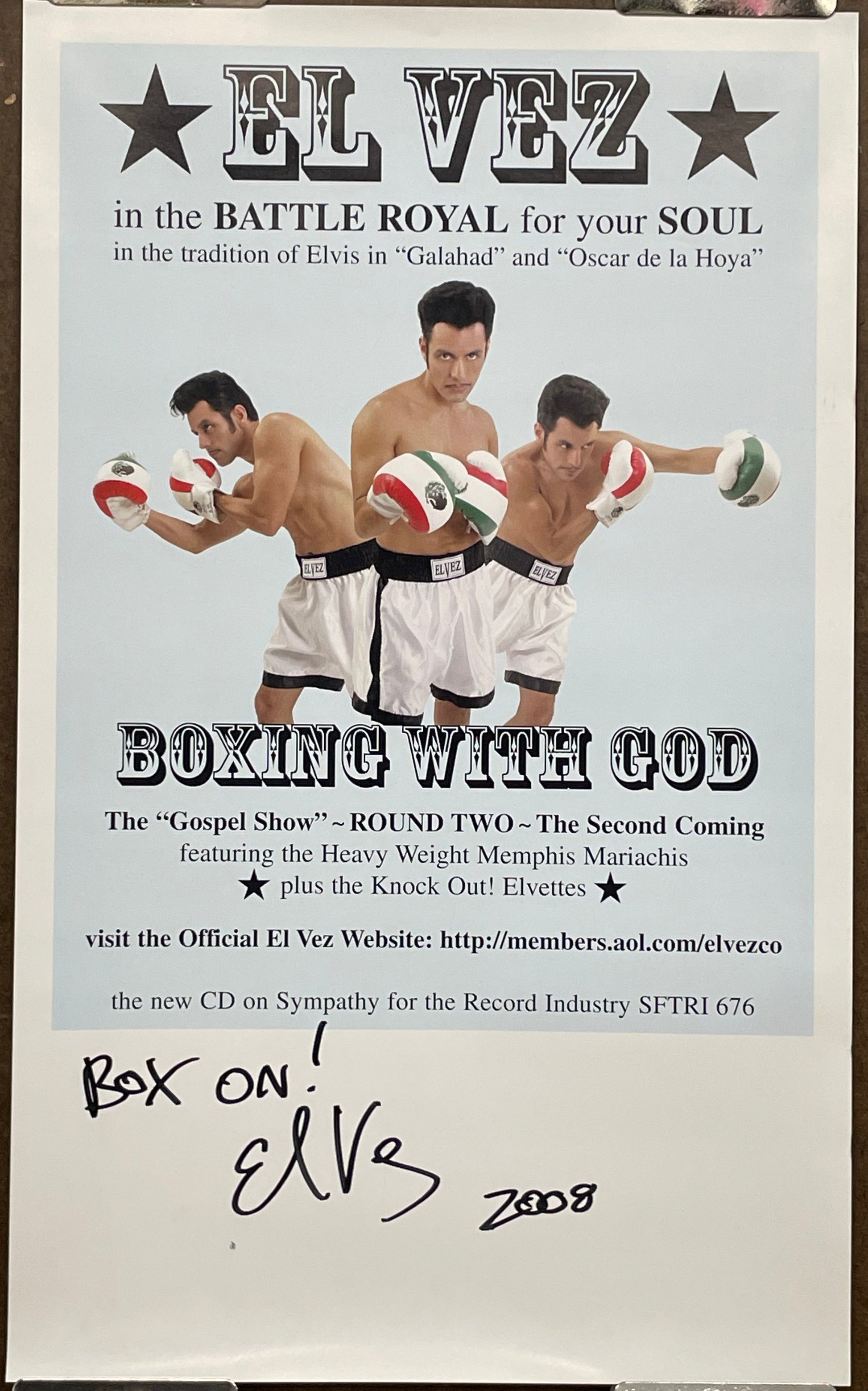 EL VEZ - Boxing With God, promo poster, 2001 (signed) at Happiest Kid Finds - Promotional poster for a mock boxing event featuring two boxers in action, with text about 'Boxing with God' and 'El Rey'.