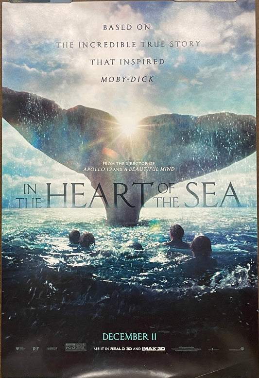 In the Heart of the Sea, mini film poster, 2015 at Happiest Kid Finds - Movie poster with a whale tale and crew members in the water.