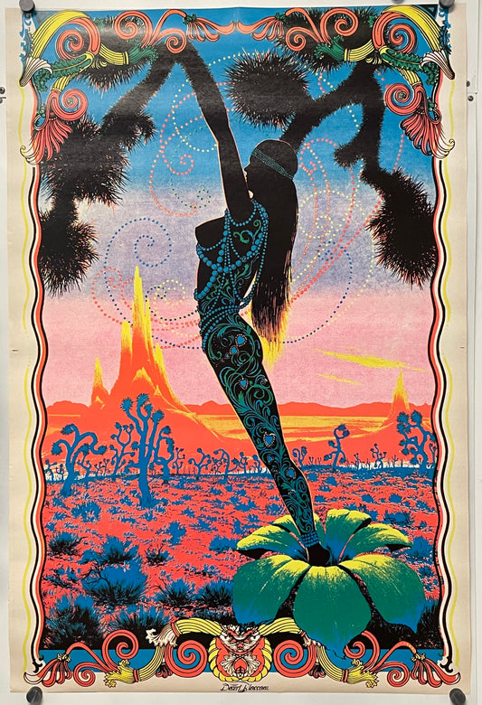 Colorful poster with a silhouette of a dancer against a desert landscape