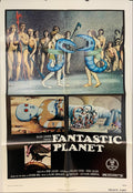 Vintage film poster for 'Fantastic Planet' featuring artwork with human-like figures and a large, fantastical creature on a different planet.