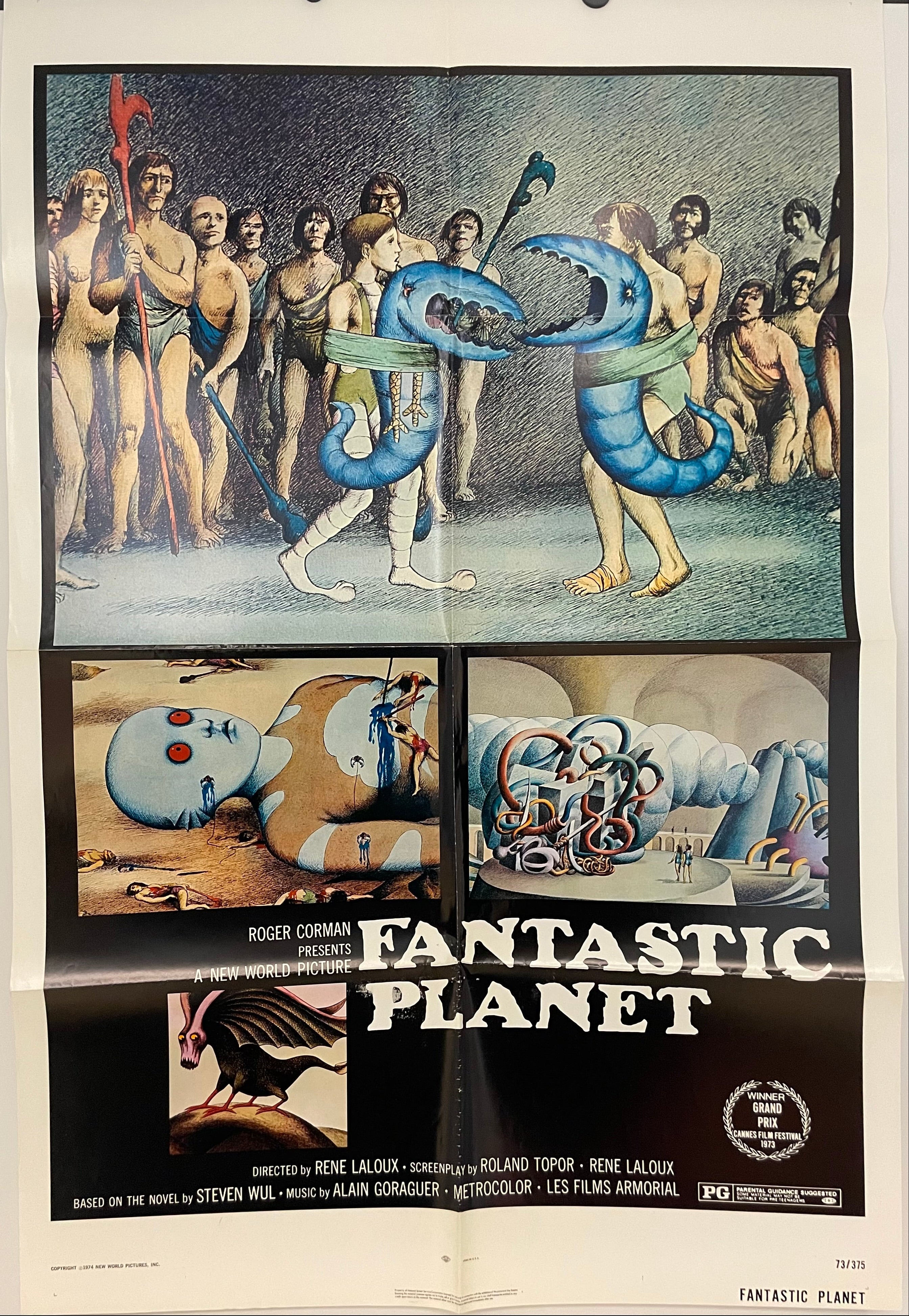 Vintage film poster for 'Fantastic Planet' featuring artwork with human-like figures and a large, fantastical creature on a different planet.
