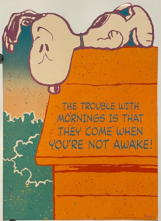 The Trouble With Mornings, vintage Snoopy die-cut poster, 1958