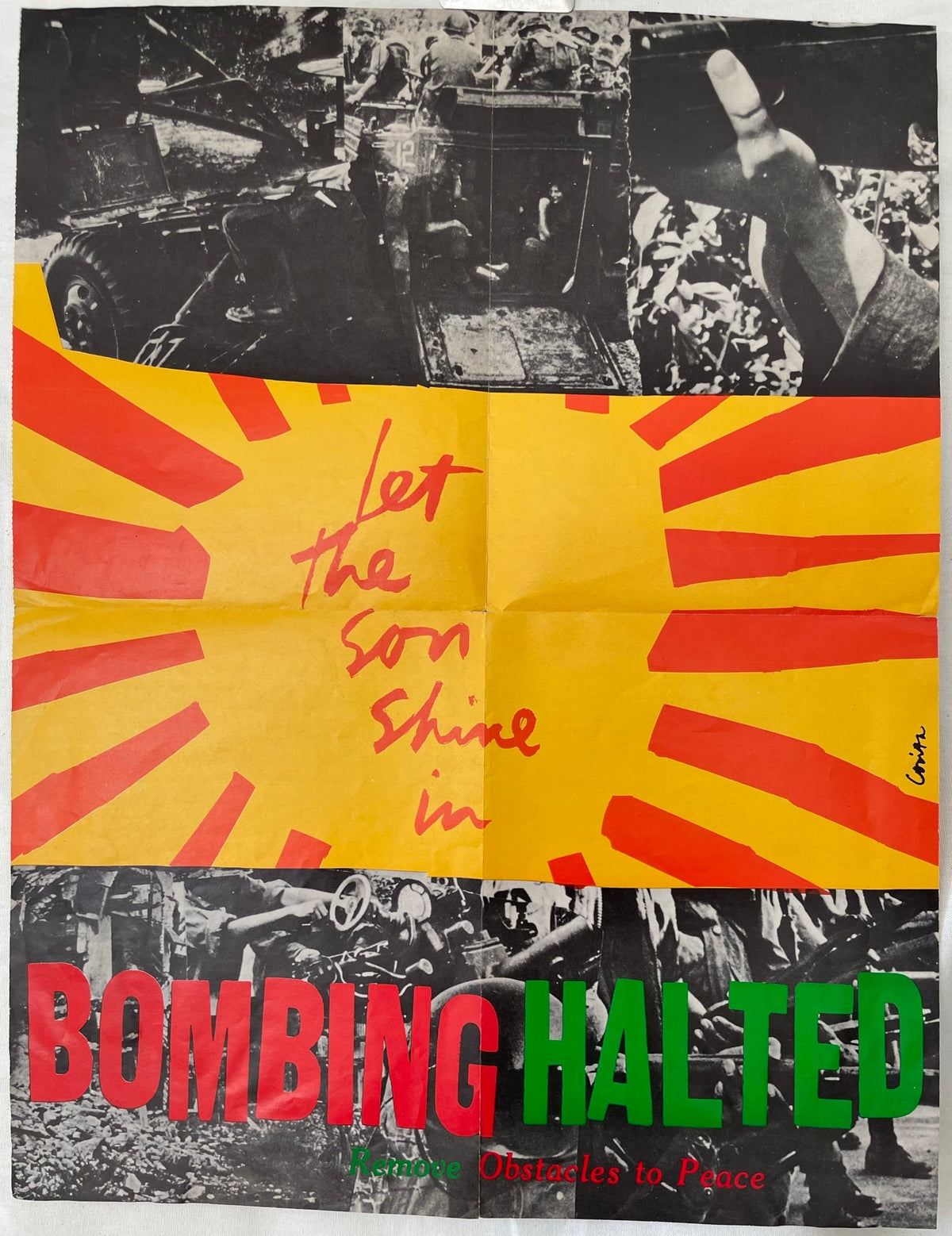 Photomontage with text 'Let the Son Shine in' and 'Bombing Halted' on a yellow and red background. Designed by Sister Corita Kent, anti-war, peace poster. 