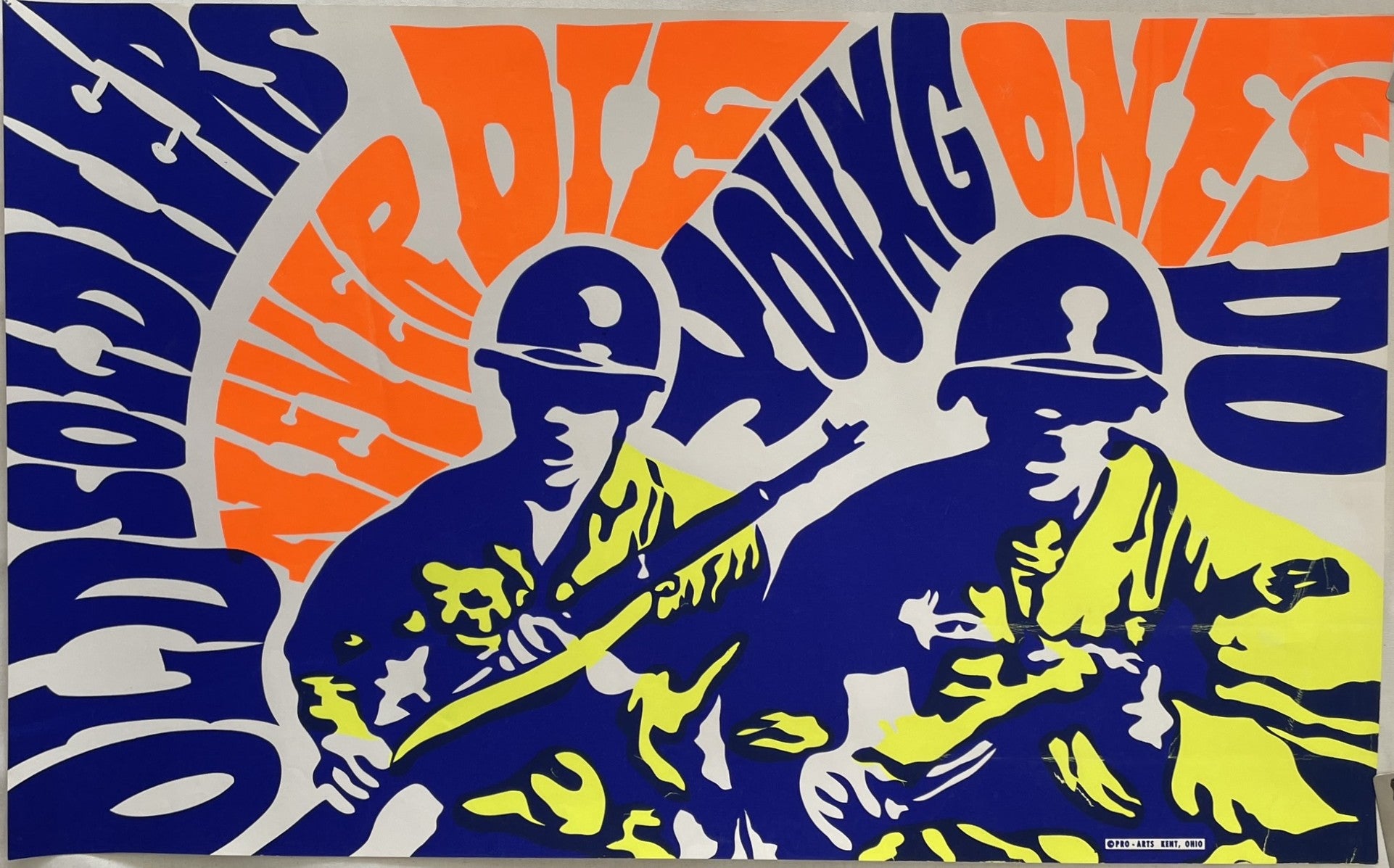 Stylized graphic with soldiers and text in blue, orange, and yellow on a gray background
