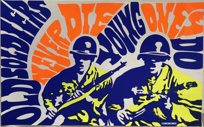 Stylized graphic with soldiers and text in blue, orange, and yellow on a gray background