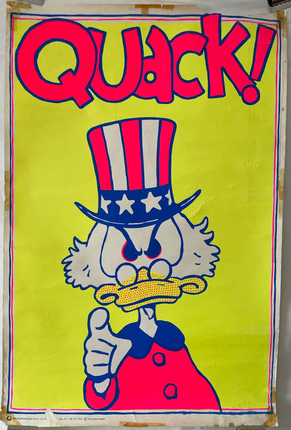 Cartoon character with a top hat giving a thumbs up on a yellow background with 'QUACK!' text.
