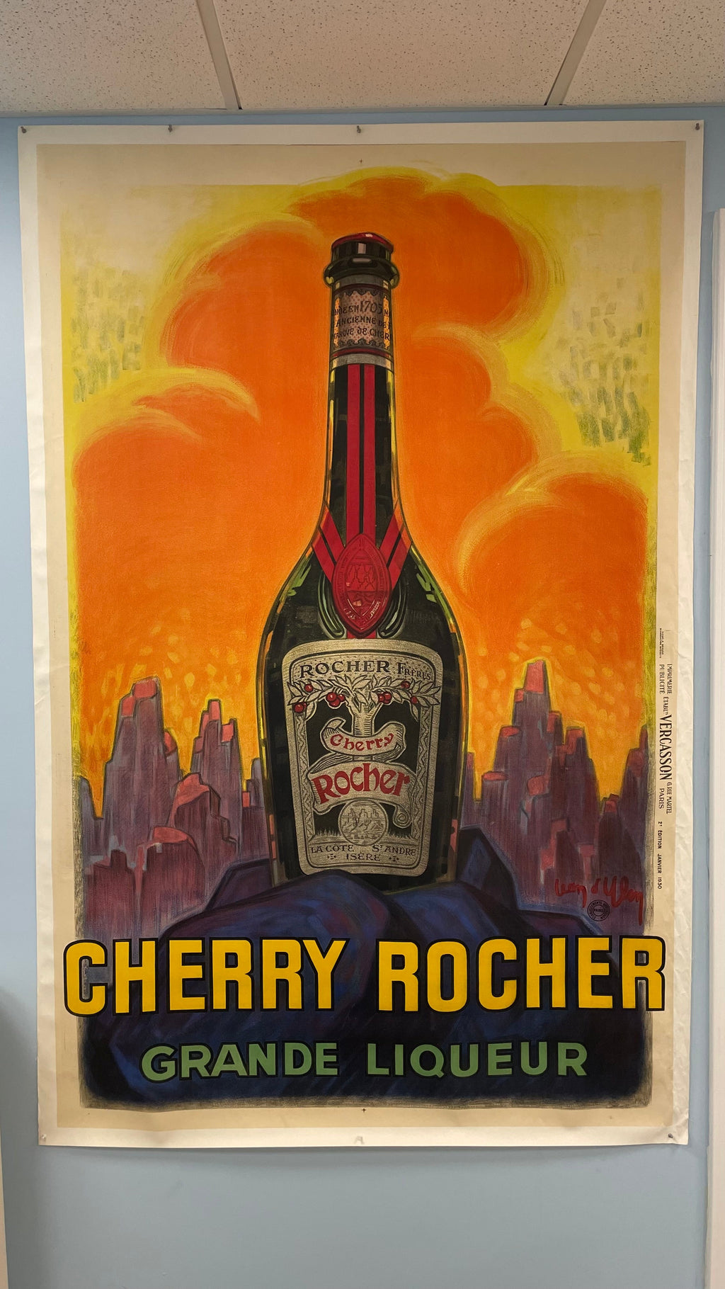 Cherry Rocher French Liqueur Original Oversized Stone Lithograph Poster by the legendary artist Jean D’ylen from 1930 Happiest Kid Finds