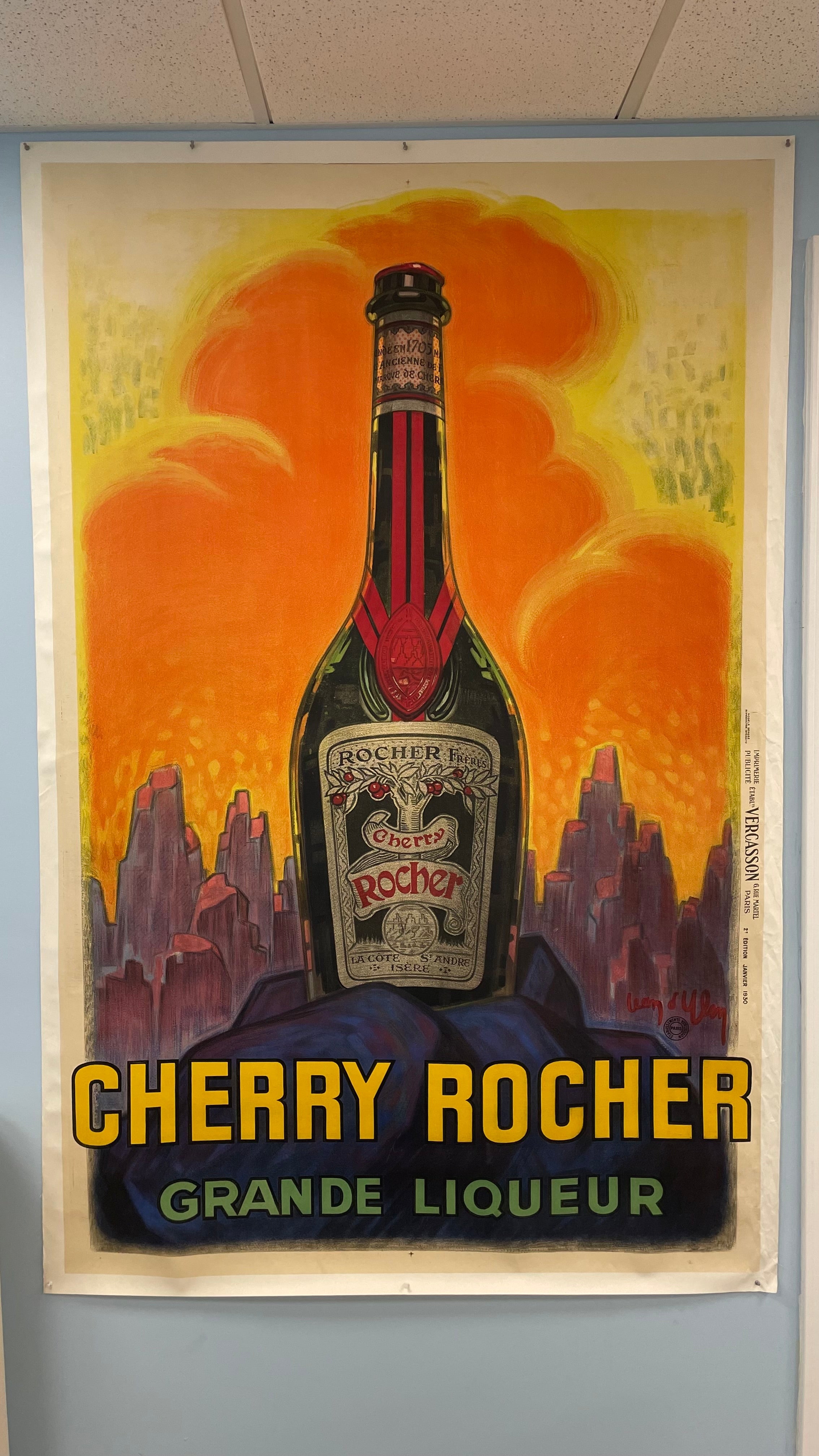 Cherry Rocher French Liqueur Original Oversized Stone Lithograph Poster by the legendary artist Jean D’ylen from 1930 Happiest Kid Finds