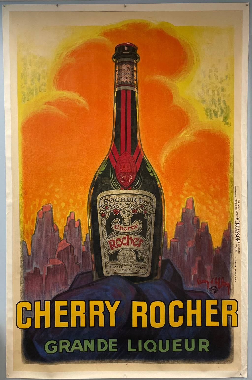 Cherry Rocher French Liqueur Original Oversized Stone Lithograph Poster by the legendary artist Jean D’ylen from 1930 Happiest Kid Finds