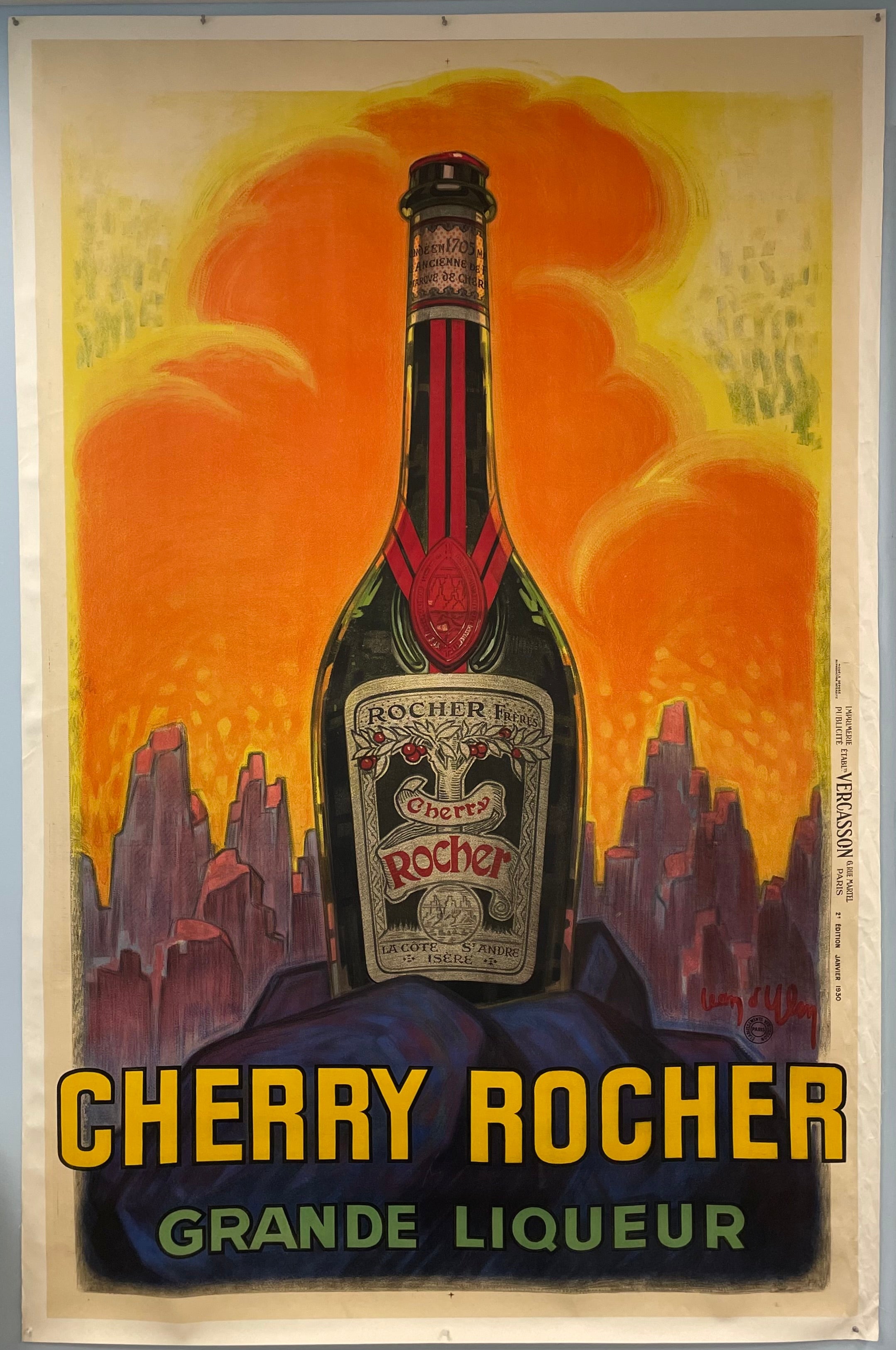 Cherry Rocher French Liqueur Original Oversized Stone Lithograph Poster by the legendary artist Jean D’ylen from 1930 Happiest Kid Finds