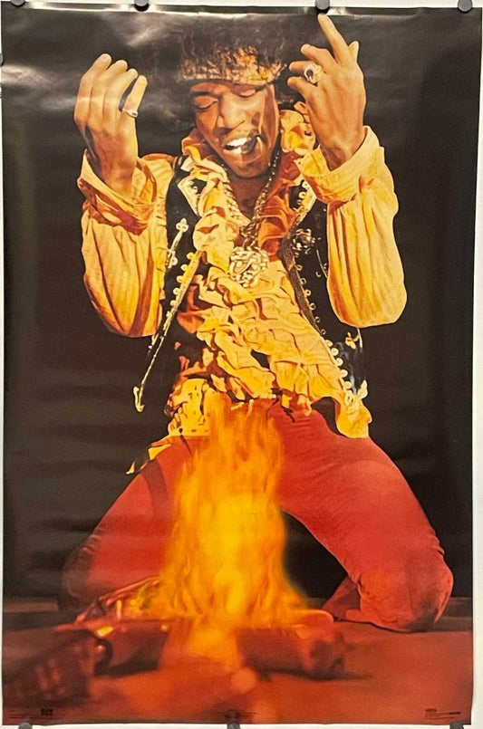 Jimi Hendrix on stage with his burning guitar, vintage commercial poster, 1991