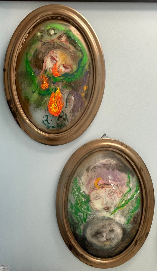 Pair of original mixed media paintings on glass, 2025 - HAPPIEST KID FINDS - Museum-quality antique and vintage posters, original art, preservation and restoration
