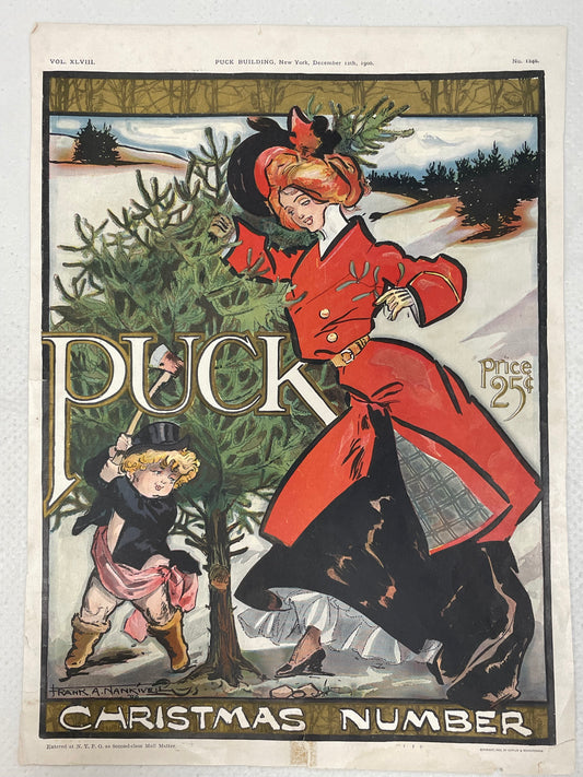 PUCK - The Christmas Number, antique lithographic cover for a New York publication, 1900 - HAPPIEST KID FINDS - Museum-quality antique and vintage posters, original art, preservation and restoration