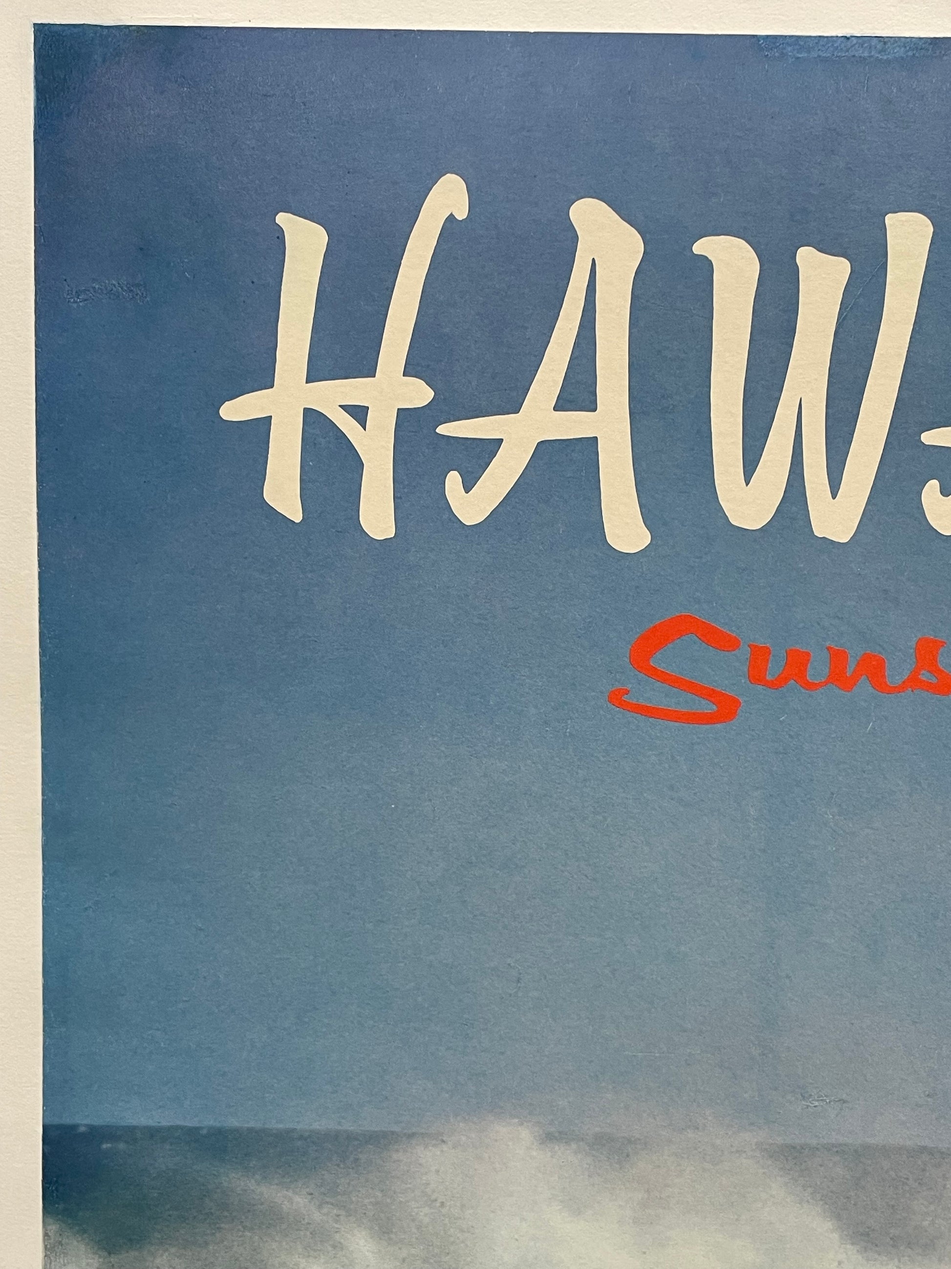 Hawaii - Sunset Beach, vintage offset lithograph travel surfing poster, c.1966 - HAPPIEST KID FINDS - Museum-quality antique and vintage posters, original art, preservation and restoration